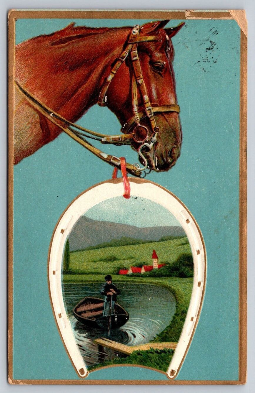 Vtg 1909 Embossed Postcard Horse Head & Lucky Horseshoe Over Scenic Lake Boat